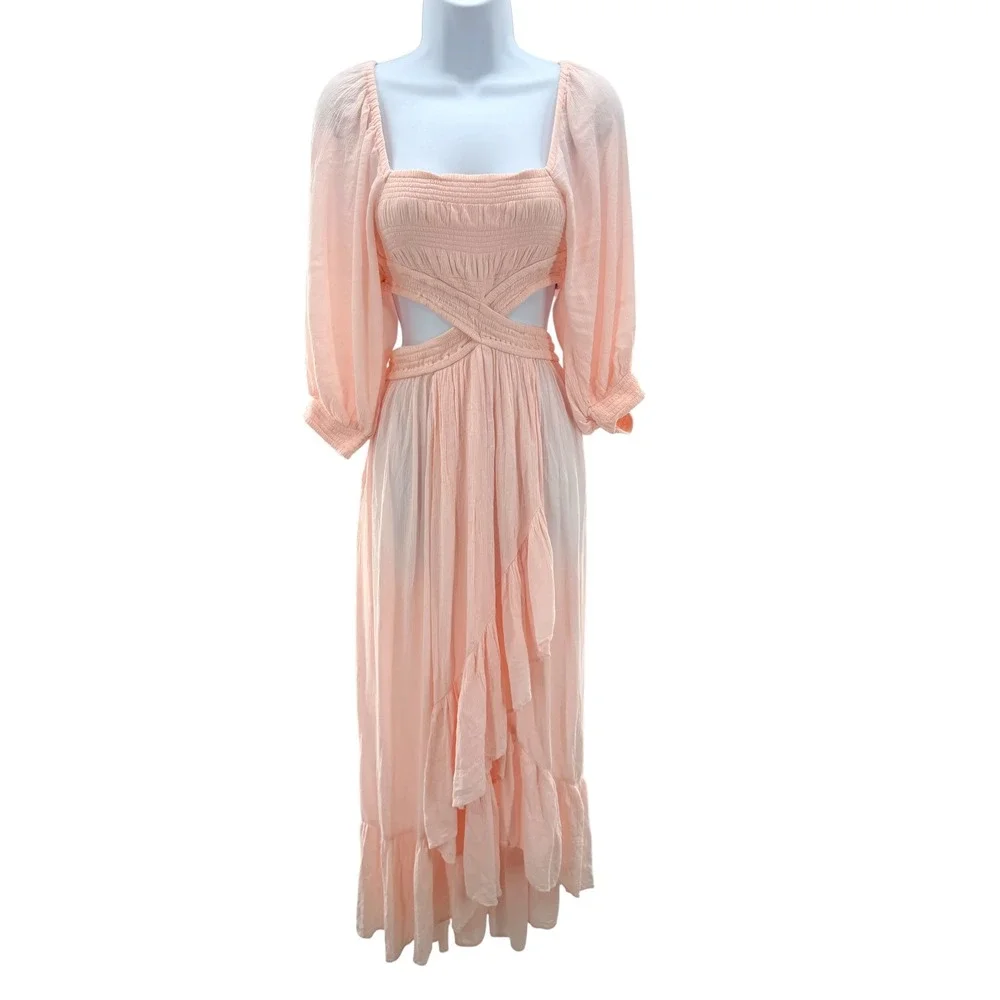 Free People Cross My Heart Maxi‎ Dress Peach Smocked Cut Out OB1683503 Womens XS